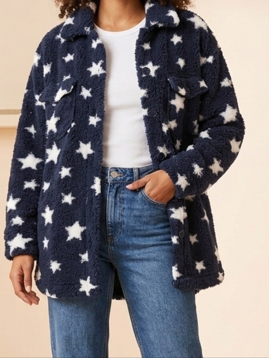 Dictionary Sweaters - Plush Navy Star Sherpa Cardigan